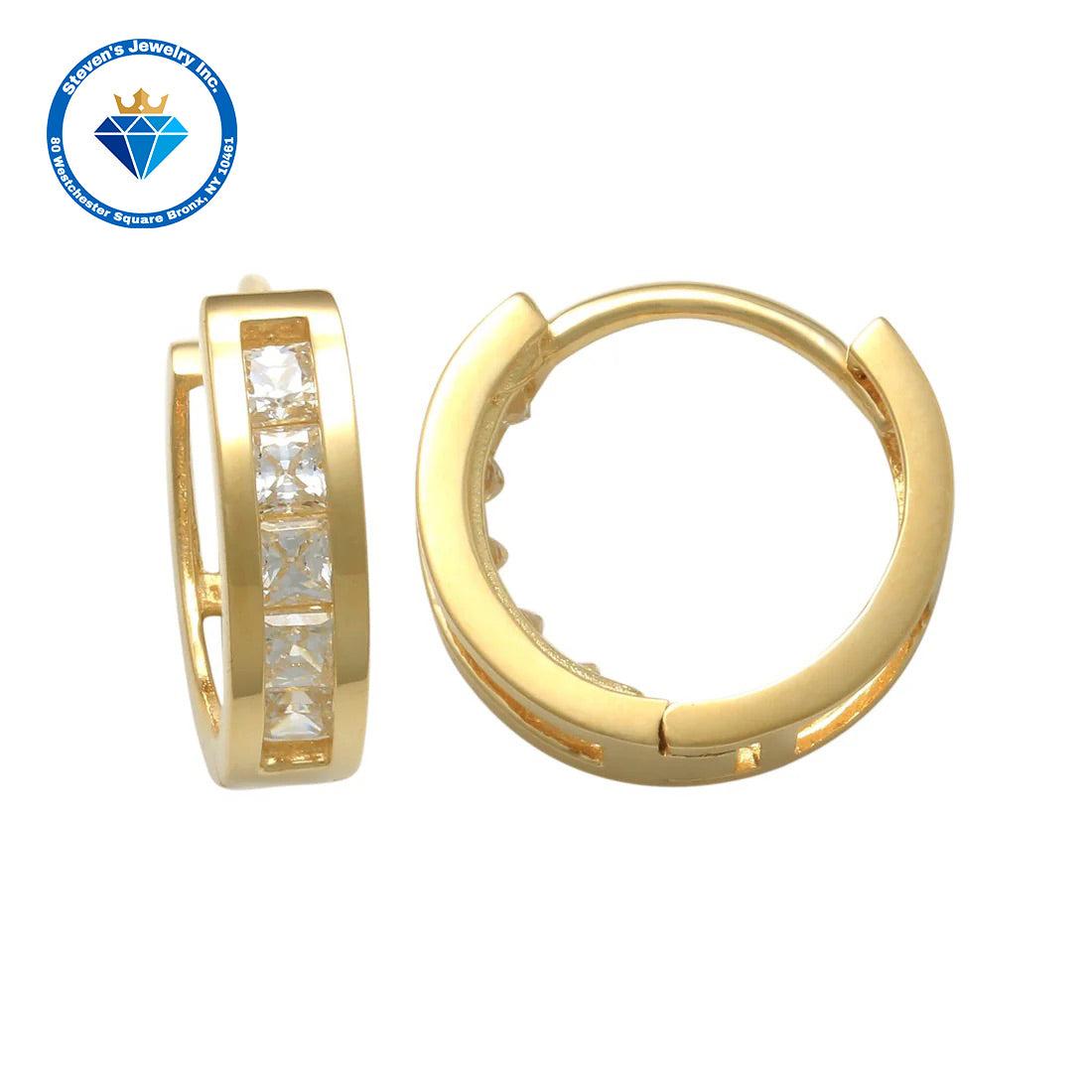 Contemporary Elegance: 14K Yellow Gold Hoop Earrings with Princess Square Stones